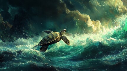 Obraz premium Sea Turtle Navigating Tempestuous Ocean Waves