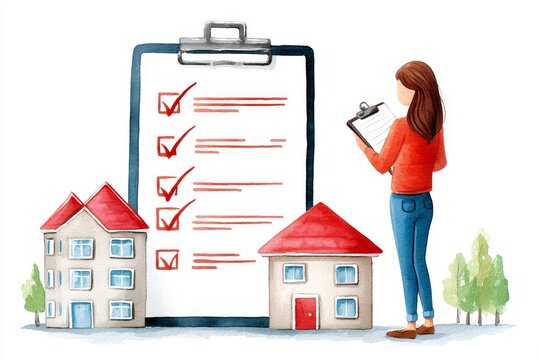 Home Checklist and Property Inspection - Woman reviewing a checklist next to illustrations of houses, signifying home inspection or property assessment