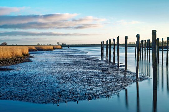 Empty dolphins on river Ems near Petkum at low tide, East Frisia, Lower Saxony, Germany