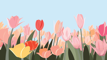 Colorful tulip field against blue sky flat vector illustration