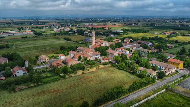 Aerial view of villagescape, San Giuliano Nuovo, Alessandria, Piedmont, Italy