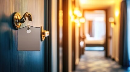 Obraz premium Do not disturb sign hanging on hotel room handle with soft corridor lighting