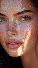 Close-up portrait of a woman with freckles and sun-kissed skin, subtle makeup, and glistening highlights