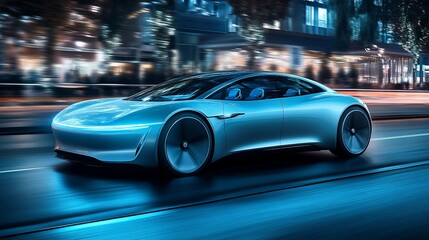 Fototapeta premium Silver car speeds along city street at night, motion blur with buildings backdrop