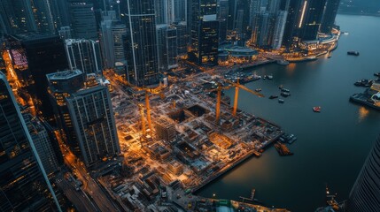Urban construction site at dusk with cranes and waterfront activity