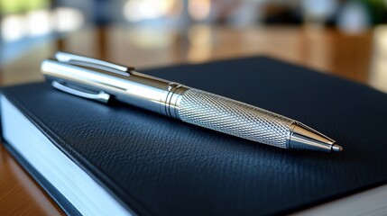 Silver pen rests on notebook in soft focus tabletop setting