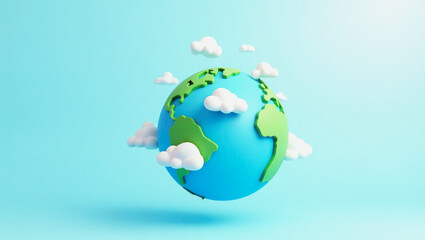 Fototapeta premium Colorful 3D globe with clouds suspended in blue background representing Earth and environmental awareness