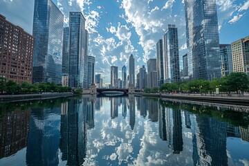 Fototapeta premium A towering cityscape where glass and steel met, reflecting the sky and clouds in a mesmerizing dance, a testament to human ingenuity.