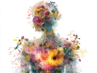 abstract floral human silhouette made of blooming flowers, colorful petals and organic textures, artistic composition with surreal nature and emotional expression on white background
