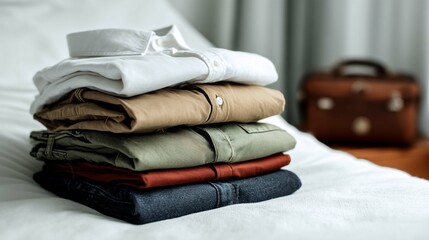 Fototapeta premium A neatly arranged stack of folded clothes of various colors on a soft white bed.