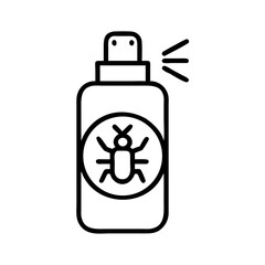 Minimalist black line icon of insect repellent spray bottle with bug symbol, flat vector illustration, isolated on white background