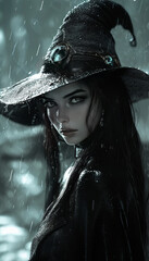 Woman witch in hat. Noire style, AI generative