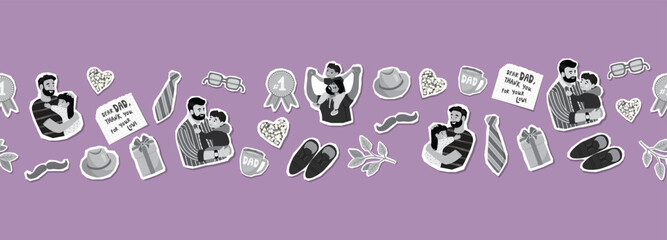 Father's Day seamless border with grey colors elements. Dad with child illustrations, tie, hat, mustache, glasses, hearts, twigs, shoes, note, gift, cup. Vector designs set with papper cut shapes.