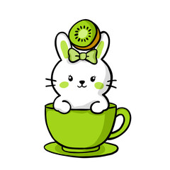 Cute White Bunny with Green Bow Sitting in a Bright Green Cup Topped with a Slice of Kiwi, Whimsical and Playful Illustration for Various Design Projects