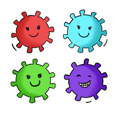Colorful cartoon viruses with happy and playful expressions featuring red, blue, green, and purple designs on a black background for fun and educational use