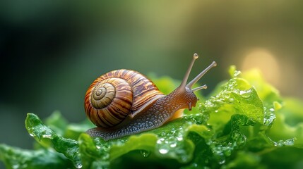 Snail crawling on wet lettuce, outdoor close-up with blurred green background