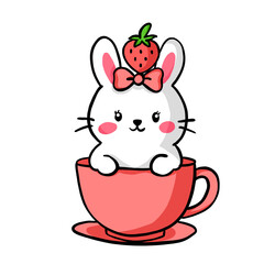 Cute cartoon rabbit with a strawberry on its head sitting in a pink cup, fun and playful design perfect for children's illustrations and decor