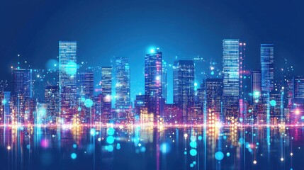 Fototapeta premium Vibrant Night Cityscape with Colorful Lights and Reflections