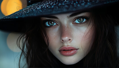 Witch in hat, noire style, attractive woman. AI generative
