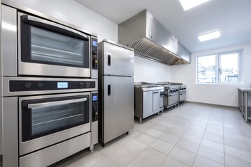 Modern Kitchen Equipment - Sleek stainless steel kitchen appliances, ovens, and refrigerator in a clean, bright space