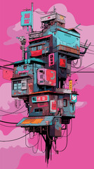 Futuristic floating cyberpunk building with neon signs against pink background flat vector illustration