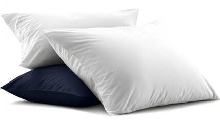Two rectangular pillows, one white and one navy blue, are stacked.  A soft, smooth texture is visible on both