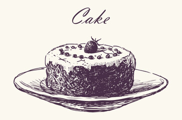 Sketch of chocolate cake with berries on dish, vector hand drawn illustration, lettering