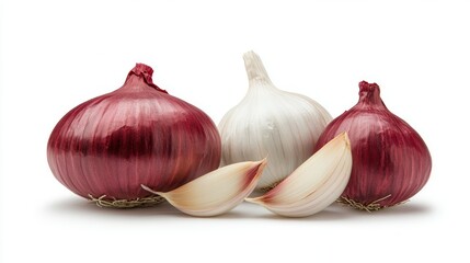 Obraz premium Two red onions and a garlic bulb with cloves, isolated on white