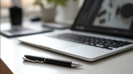 a stylish black pen and laptop are the focus of a bright, clean desk workspace setting.