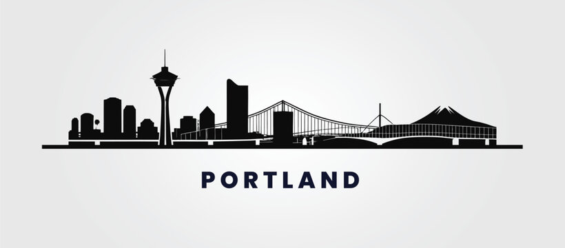 Minimalist Portland skyline silhouette on a white background, showcasing the Big Pink Tower, St. Johns Bridge, and Mount Hood in the backdrop.