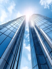 Obraz premium Modern Skyscrapers Reaching for the Sky - Two towering glass skyscrapers ascend towards a bright sunny sky, showcasing modern architecture and ambition