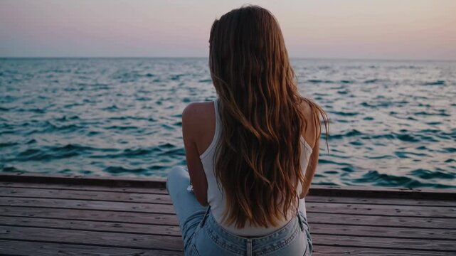 Peaceful scene of person enjoying ocean view from wooden dock during sunset, expressing themes of solitude, meditation and self-reflection