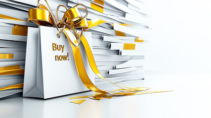 Buy now call to action on white shopping bag with gold ribbon and abstract background.