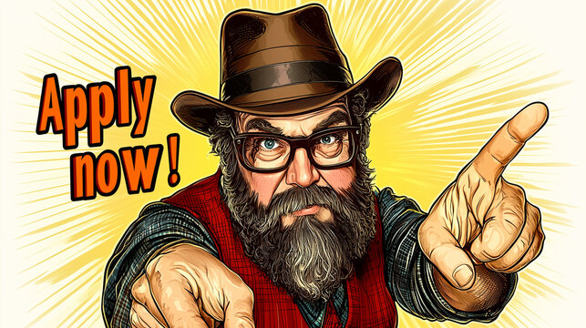 Apply now call to action with comic illustration of man pointing at viewer. - Powered by Adobe