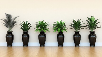 Obraz premium Modern plant display in a minimalist interior. Potted plants in sleek black vases arranged in a row against a beige wall on a light wooden floor