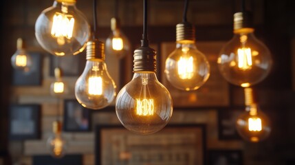 Warm Glowing Vintage Light Bulbs Hanging in Rustic Café Setting