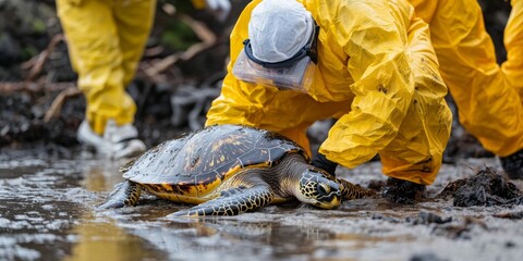 A team of dedicated wildlife rescuers in bright yellow suits gently care for a sea turtle. Their efforts highlight the importance of animal protection and environmental conservation. AI