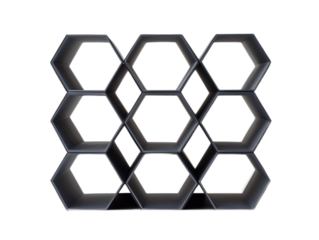 Geometric bookshelf. Modular shelving unit in matte black metal with asymmetrical hexagonal compartments, isolated on a white background.