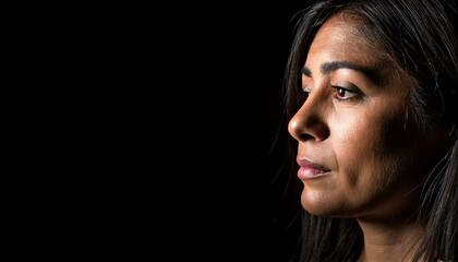 a woman’s face partially lit from the side with an expression of worry or fear isolated on black background
