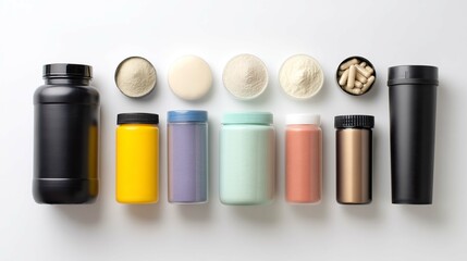 A variety of fitness and health supplements, powders, and capsules on a bright white surface.