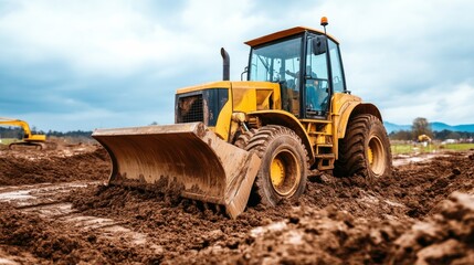 Obraz premium Yellow Bulldozer Operating on Construction Site with Dramatic Sky