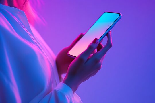 cropped shot of woman in white coat using smartphone isolated on purple