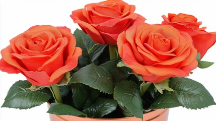 Three vibrant orange roses in a pot