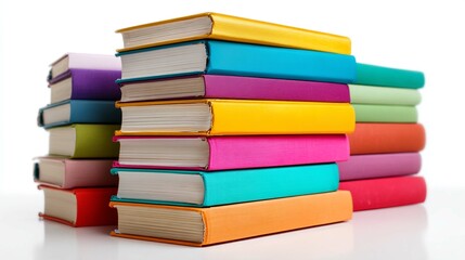 Fototapeta premium A colorful collection of stacked books in various hues, arranged against a white backdrop.