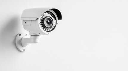White security camera on wall closeup high resolution stock photo