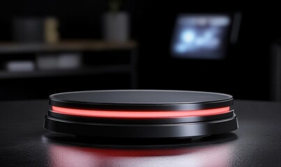 Red-lit display stand on dark surface, blurred background