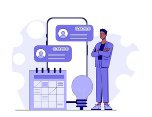 Businessman stands beside a calendar, glowing lightbulb, and rating interface cards, all in flat style on a white abstract background. Concept of productivity. Vector illustration