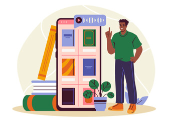 A man stands beside a large smartphone showing audiobook covers, surrounded by books and a plant, on a light abstract background. Concept of digital reading. Vector illustration