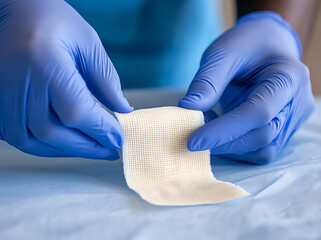 Medical professional in blue gloves delicately handling a sterile gauze pad on a blue surgical drape, demonstrating proper wound care technique.