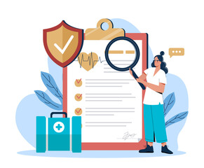 Female character examining health insurance checklist with magnifier, shield and medical kit on abstract background. Concept of healthcare policy. Vector illustration